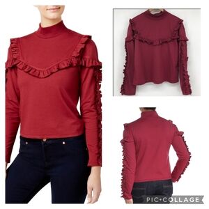 NWT Buffalo David Bitton Womens Ripley Ruffled Turtleneck Berry Burgundy XL